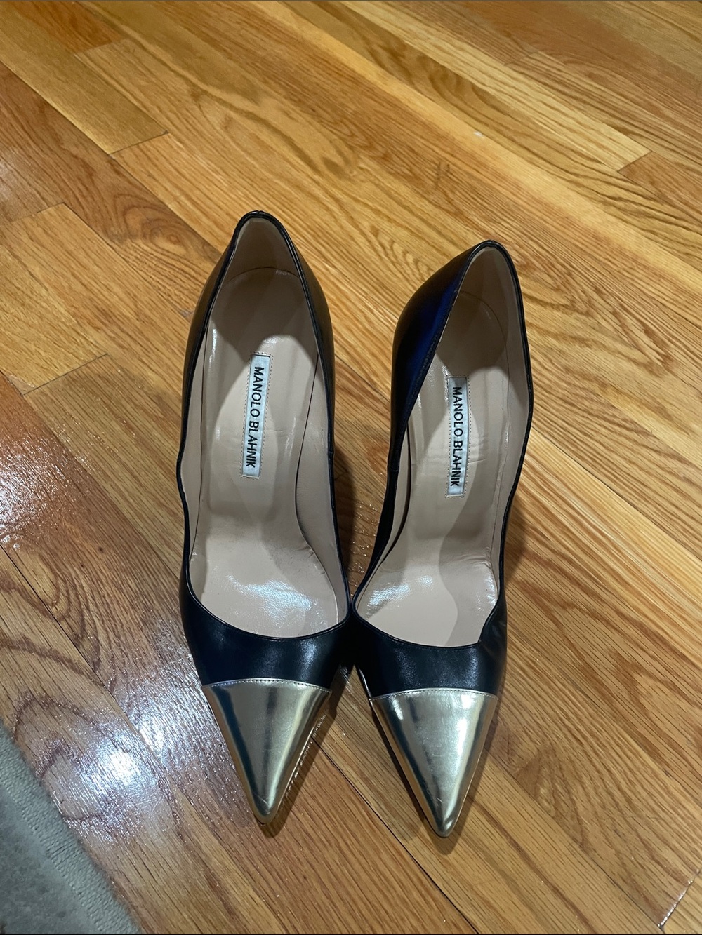 Manolo Blahnik Black Pumps with Gold Pointed Toe Caps